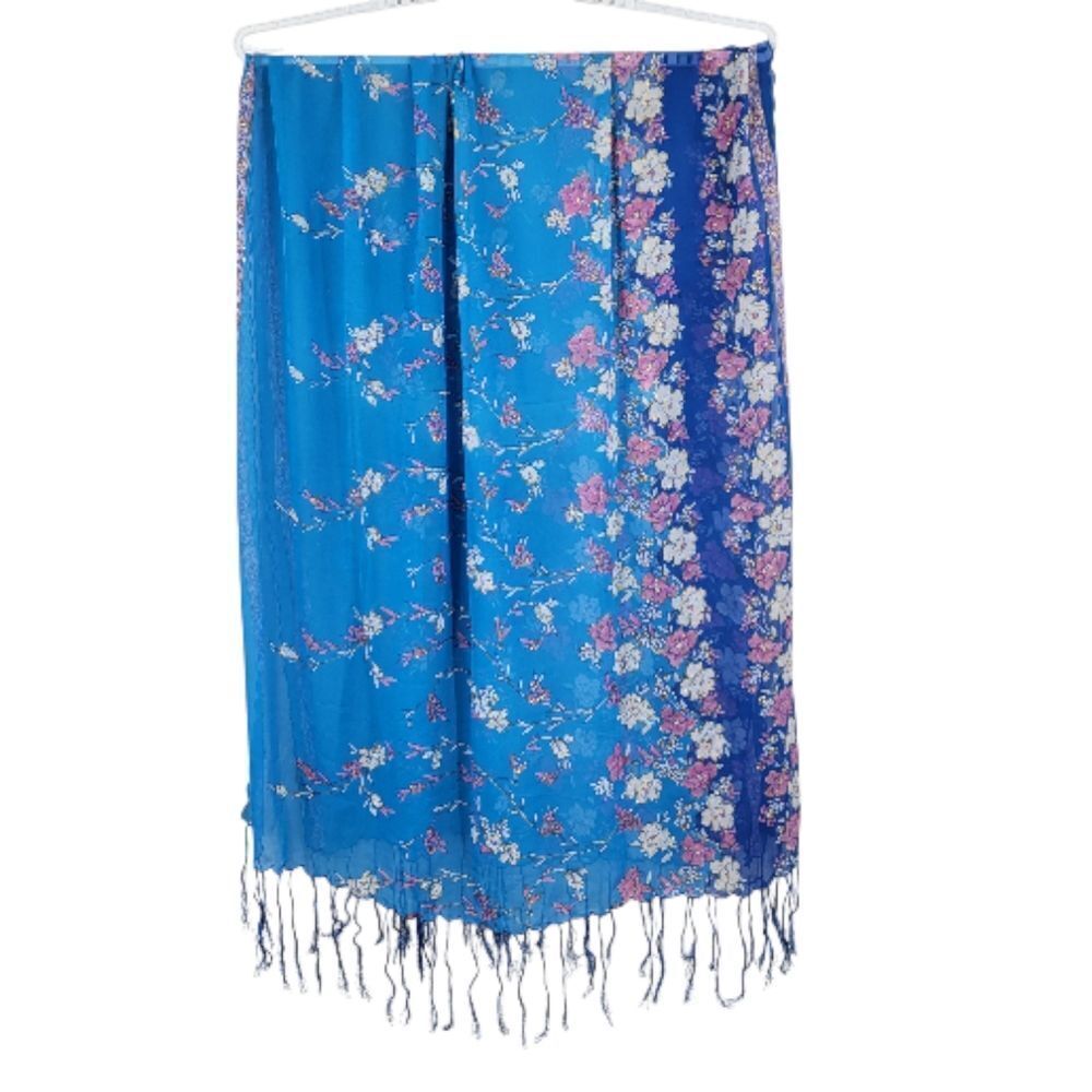 Dancing Gecko Hawaii Vintage Blue Ombre Floral Sheer Scarf Oversized Wrap